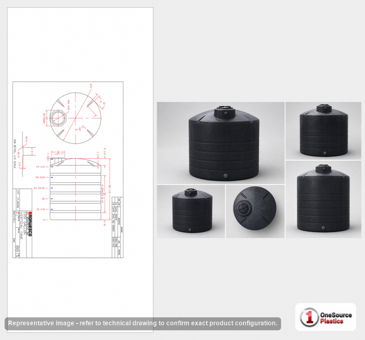 Dimensional spec drawing for Norwesco 1350 Gallon Vertical Water Tank