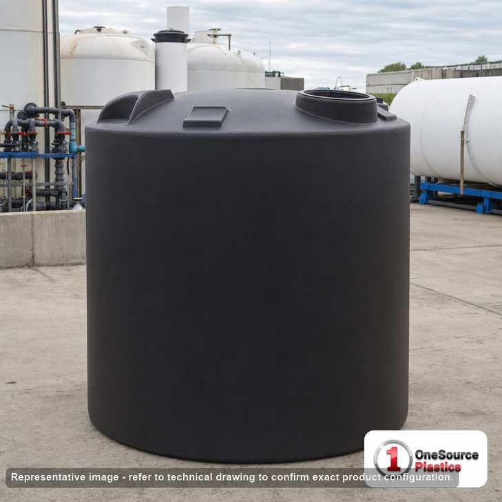2000 Gallon Plastic Water Storage Tank - Black (90" x 84"). 2000 gallon capacity; Polyethylene; Black; dimensions 84.0in H x 90.0in W x 90.0in L; 270.0 lb empty; 1.1 specific gravity rating; fittings: 2; max temp 120 deg  F / 48 deg  C; 3 Year Warranty. Manufacturer part number 44129. Manufactured by Norwesco. Sold by OneSource Plastics (https://www.onesourceplastics.com).