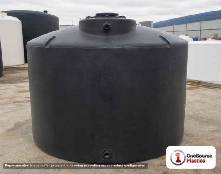 2500 Gallon Plastic Water Storage Tank - Black (98" x 86"). . Manufacturer part number N-42954. Sold by OneSource Plastics (https://www.onesourceplastics.com).