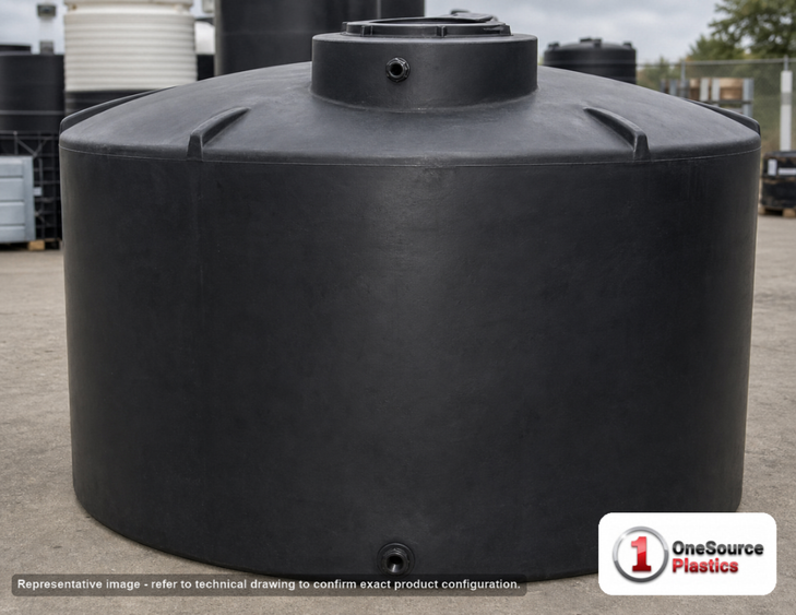 3000 Gallon Plastic Water Storage Tank - Black (98" x 101"). Polyethylene; Black; dimensions 101.0in H x 98.0in W x 98.0in L; 400.0 lb empty; 1.1 specific gravity rating. Manufacturer part number N-42960. Sold by OneSource Plastics (https://www.onesourceplastics.com).