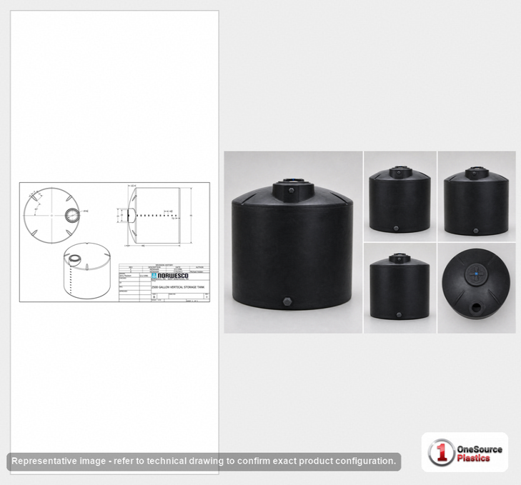 Dimensional spec drawing for Norwesco 2500 Gallon Vertical Water Tank