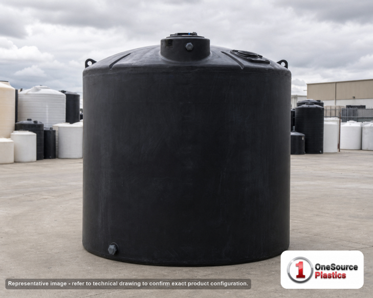 5000 Gallon Plastic Water Storage Tank - Black (102" x 152"). . Manufacturer part number N-40641. Sold by OneSource Plastics (https://www.onesourceplastics.com).