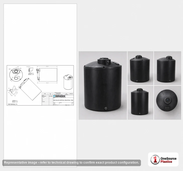 Dimensional spec drawing for Norwesco 5000 Gallon Vertical Water Tank