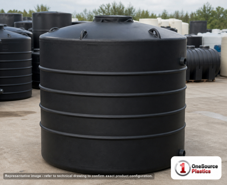 1000 Gallon Plastic Water Storage Tank - Black (64" x 80"). . Manufacturer part number N-40892. Sold by OneSource Plastics (https://www.onesourceplastics.com).