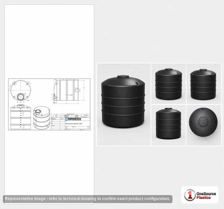 Dimensional spec drawing for Norwesco 1000 Gallon Vertical Water Tank
