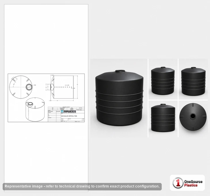 Dimensional spec drawing for Norwesco 2100 Gallon Vertical Water Tank