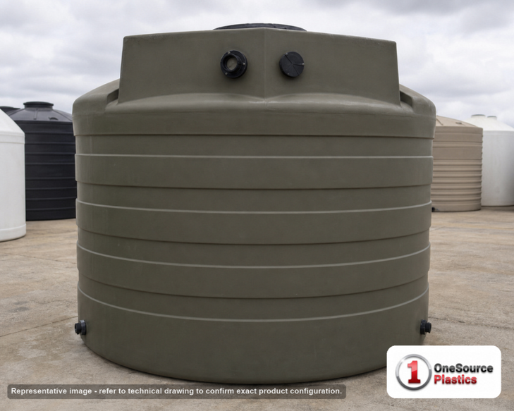3000 Gallon Plastic Water Storage Tank - Green (102" x 93"). . Manufacturer part number N-43140. Sold by OneSource Plastics (https://www.onesourceplastics.com).
