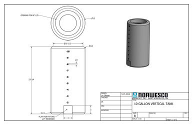 10 Gallon Vertical Liquid Storage Tank - Technical Drawing