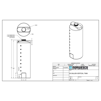 50 Gallon Vertical Liquid Storage Tank - Technical Drawing