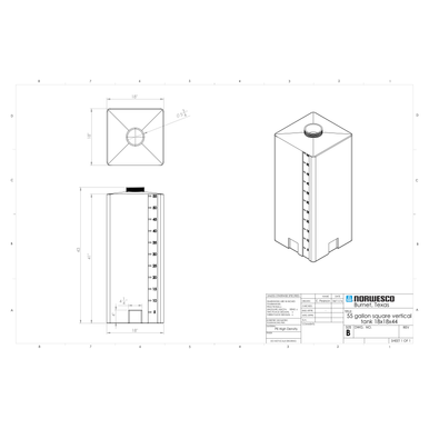 55 Gallon Vertical Liquid Storage Tank - Technical Drawing