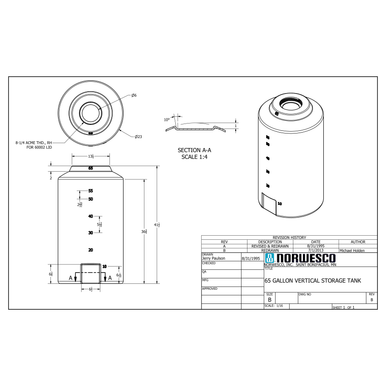 65 Gallon Vertical Liquid Storage Tank - Technical Drawing