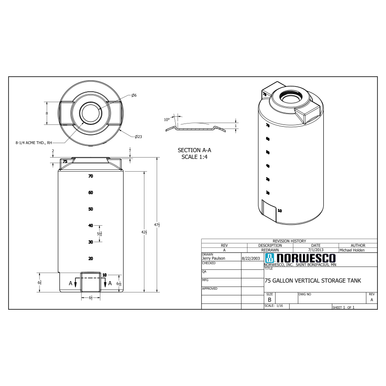 75 Gallon Vertical Liquid Storage Tank - Natural White (23" x 49") - Technical Drawing