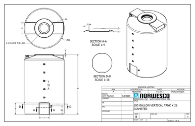 100 Gallon Vertical Liquid Storage Tank - Natural White (28" x 43") - Technical Drawing