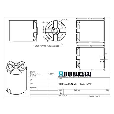 130 Gallon Vertical Liquid Storage Tank - Natural White (32" x 46") - Technical Drawing