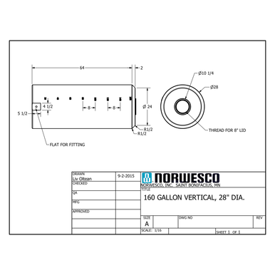 160 Gallon Vertical Liquid Storage Tank - Natural White (28" x 69") - Technical Drawing