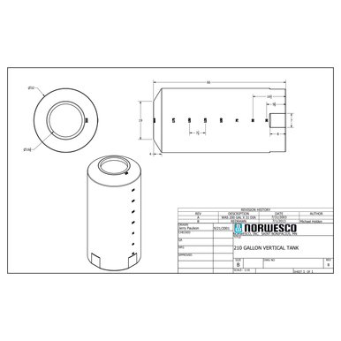 210 Gallon Vertical Liquid Storage Tank - Technical Drawing
