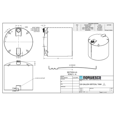 220 Gallon Vertical Liquid Storage Tank - Technical Drawing