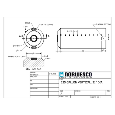 225 Gallon Vertical Liquid Storage Tank - Technical Drawing