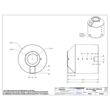 305 Gallon Vertical Liquid Storage Tank - Technical Drawing