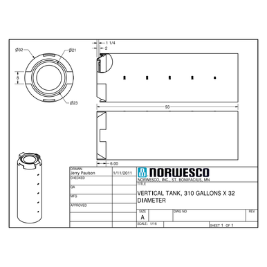 310 Gallon Vertical Liquid Storage Tank - Technical Drawing