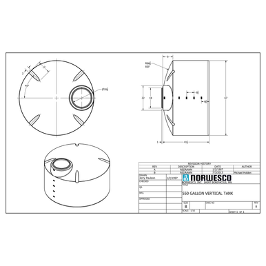 550 Gallon Vertical Liquid Storage Tank - Technical Drawing