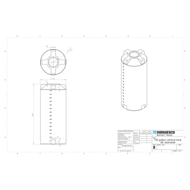 750 Gallon Vertical Liquid Storage Tank - Natural White (46" x 107") - Technical Drawing
