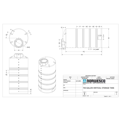 750 Gallon Vertical Liquid Storage Tank - Natural White (48" x 103") - Technical Drawing