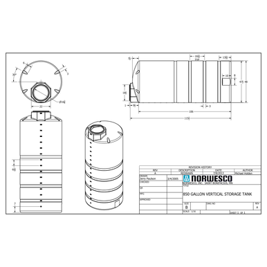 850 Gallon Vertical Liquid Storage Tank - Technical Drawing