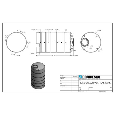 1250 Gallon Vertical Liquid Storage Tank - Technical Drawing