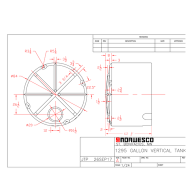 1295 Gallon Vertical Liquid Storage Tank - Technical Drawing