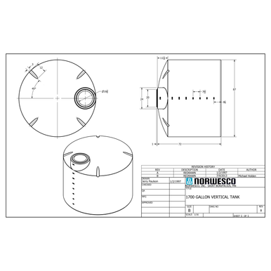 1700 Gallon Vertical Liquid Storage Tank - Technical Drawing