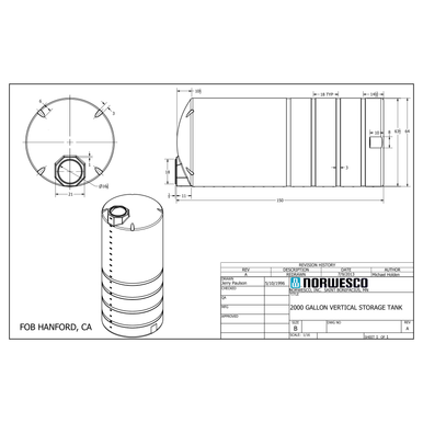 2000 Gallon Vertical Liquid Storage Tank - Natural White (64" x 152") - Technical Drawing