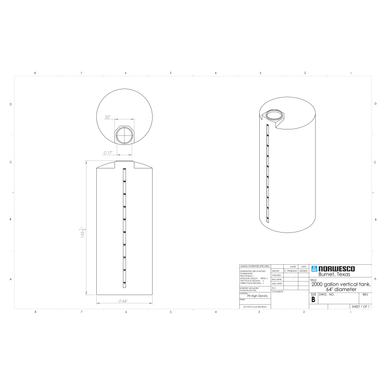 2000 Gallon Vertical Liquid Storage Tank - Natural White (64" x 153") - Technical Drawing