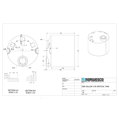 2000 Gallon Vertical Liquid Storage Tank - Natural White (90" x 84") - Technical Drawing