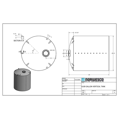 6100 Gallon Vertical Liquid Storage Tank - Technical Drawing