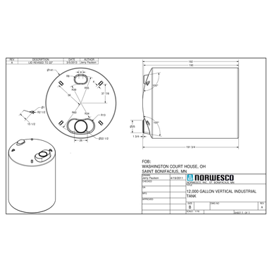 12000 Gallon Vertical Liquid Storage Tank - Technical Drawing