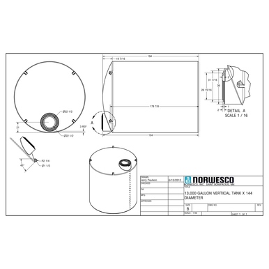 13000 Gallon Vertical Liquid Storage Tank - Technical Drawing