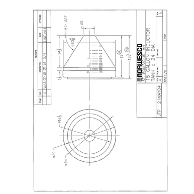 15 Gallon 57 Degree Cone Bottom Inductor Tank - Technical Drawing