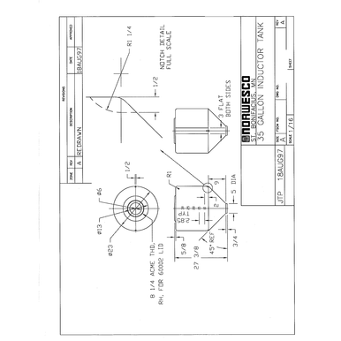 35 Gallon 45 Degree Cone Bottom Inductor Tank - Technical Drawing