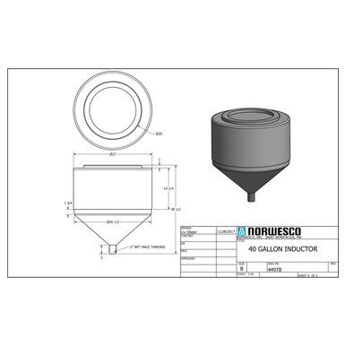 40 Gallon 40 Degree Cone Bottom Inductor Tank - Technical Drawing