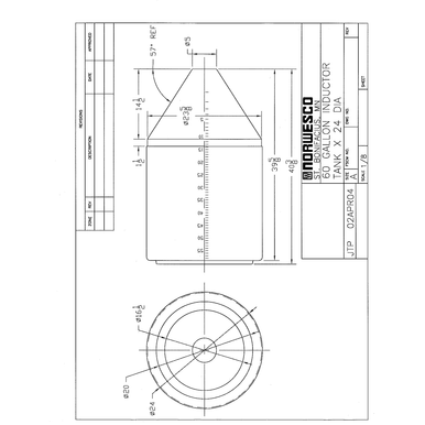 60 Gallon 57 Degree Cone Bottom Inductor Tank - Technical Drawing