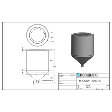65 Gallon 40 Degree Cone Bottom Inductor Tank - Technical Drawing