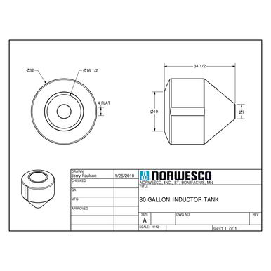 80 Gallon 45 Degree Cone Bottom Inductor Tank - Technical Drawing