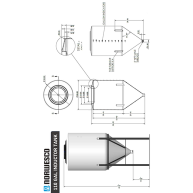 110 Gallon Full Drain Cone Bottom Inductor Tank - Technical Drawing