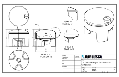 125 Gallon 15 Degree Cone Bottom Tank with Poly Stand - Technical Drawing