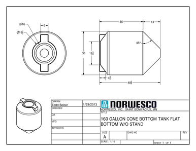 160 Gallon 45 Degree Cone Bottom Tank - Technical Drawing