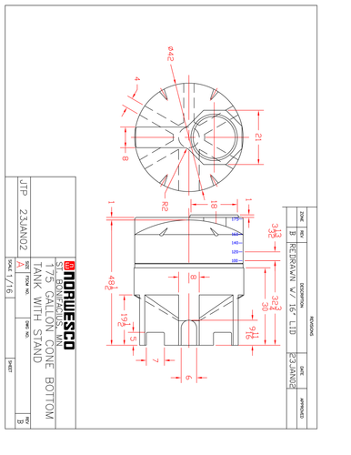 175 Gallon 30 Degree Cone Bottom Tank with Poly Stand - Technical Drawing