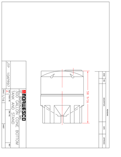 300 Gallon 30 Degree Cone Bottom Tank with Poly Stand - Technical Drawing