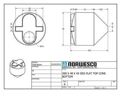 300 Gallon 45 Degree Cone Bottom Tank - Technical Drawing