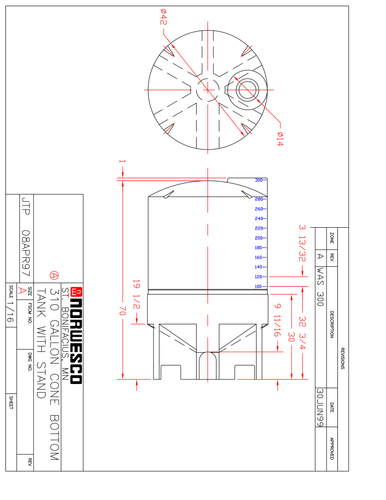 310 Gallon 30 Degree Cone Bottom Tank with Poly Stand - Technical Drawing